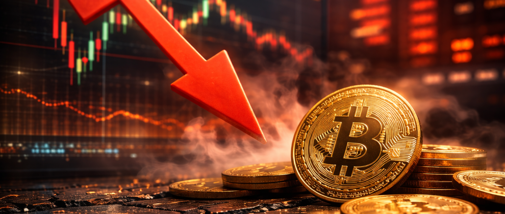 Bitcoin coins with a downward market trend visualised by a falling arrow and trading charts in the background.