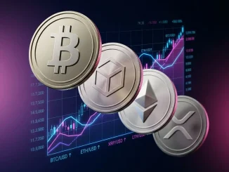 AI cryptocurrency price predictions for Bitcoin, Ethereum, XRP with futuristic holographic chart display