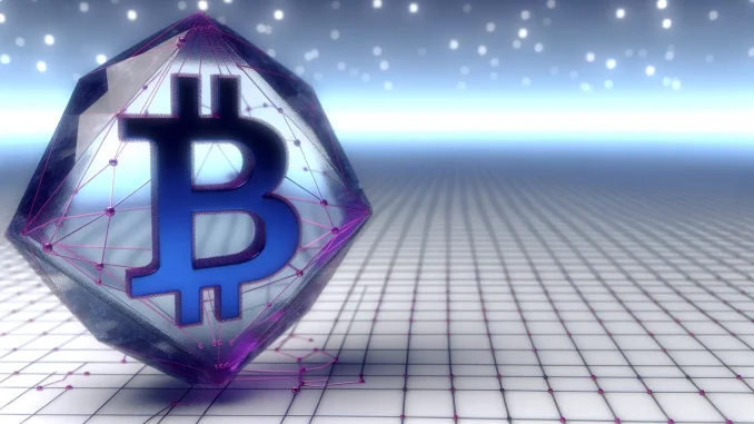 Quantum-resistant Bitcoin structure with crystalline geometry and encryption pathways in blue and magenta