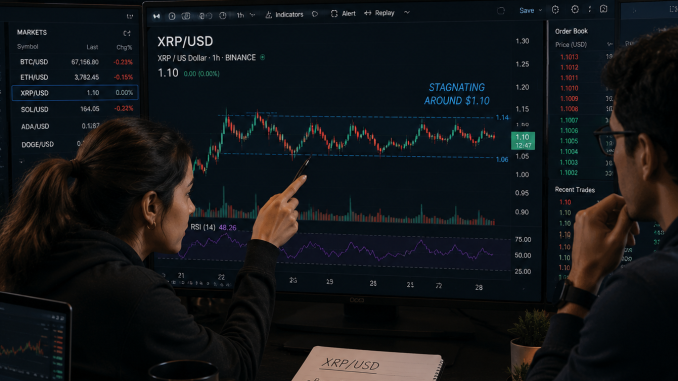 Traders analyzing XRP as it stays below $1.12